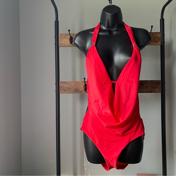 BAR III women’s Solid Cowlneck One-Piece Swimsuit in paradise pink red size M - Picture 7 of 7